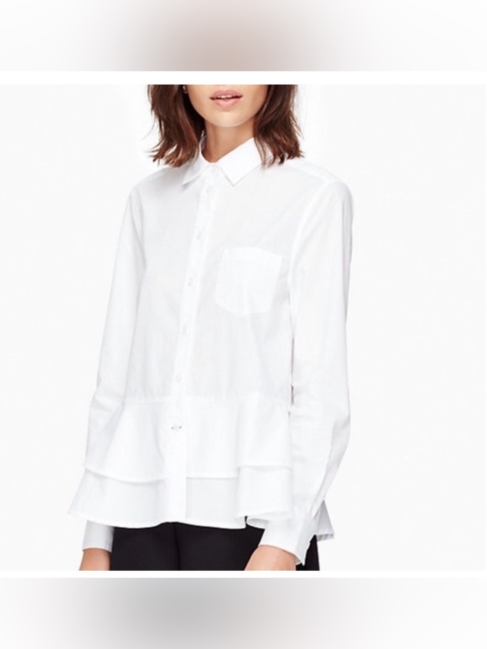Kate Spade Broome Street White Cotton Poplin Ruffle Long Sleeve Shirt